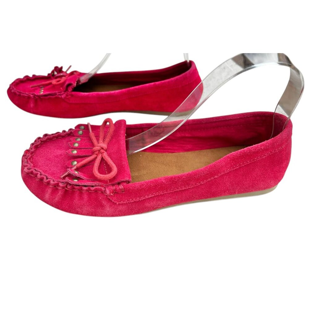 Womens 8.5/small 9 RedPink Suede Kiltie Moccasin Flats W/ Bow & Stud Accents